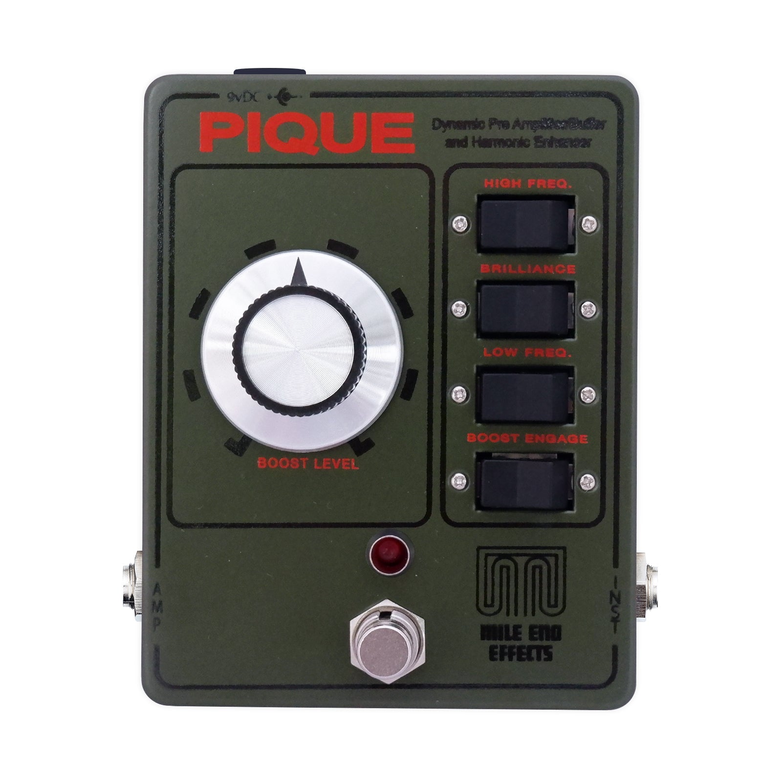 Mile End Effects Pique preamp and boost pedal, showing its single Level knob, four rocker switches (Boost, Brilliance, High Freq, Low Freq) and master footswitch