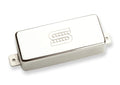 Silver rectangular guitar pickup with engraved stylized S logo on top cover.