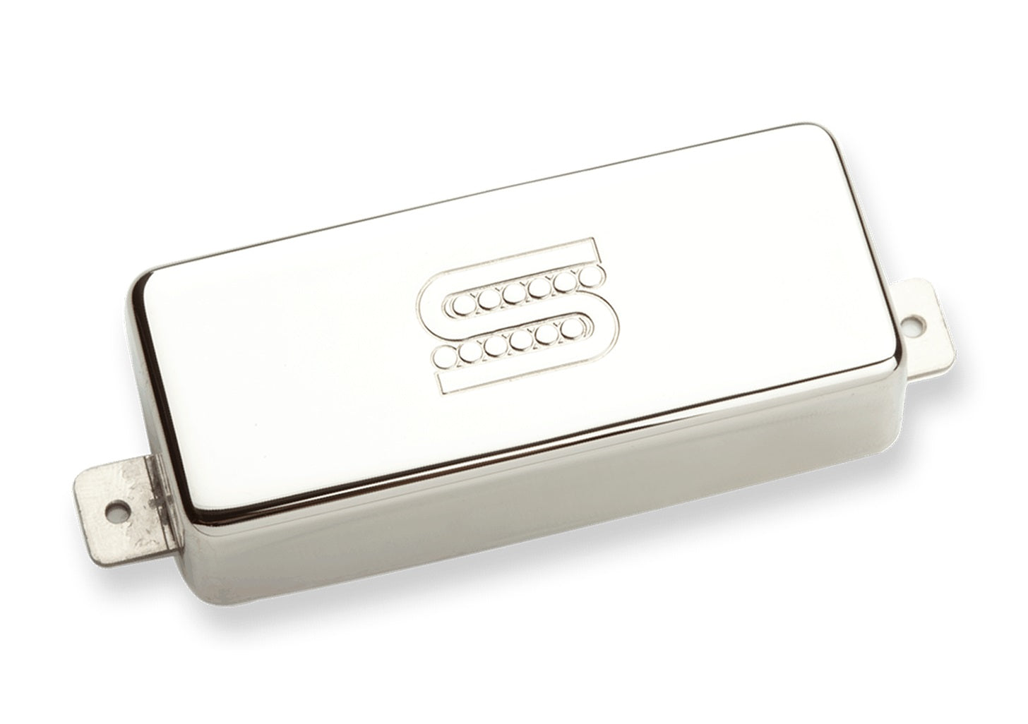 Silver rectangular guitar pickup with engraved stylized S logo on top cover.