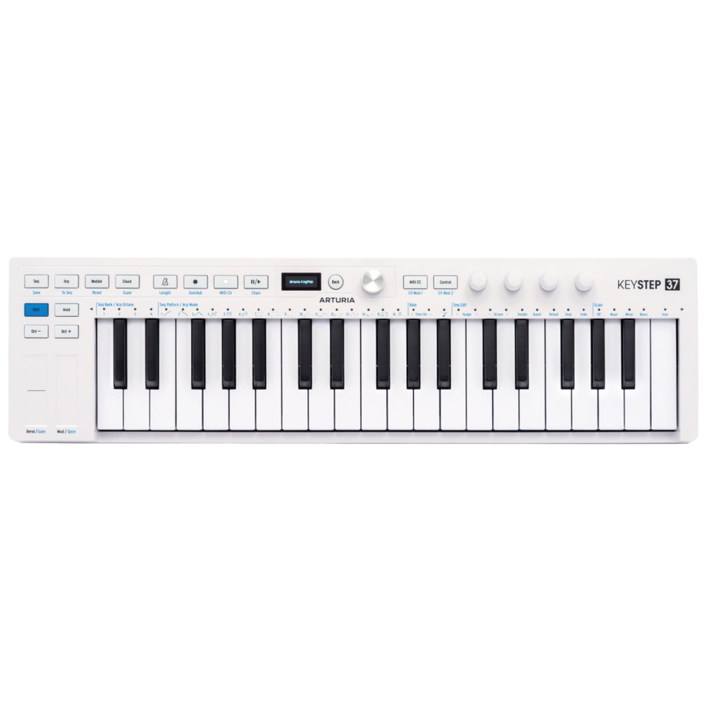 White MIDI keyboard controller with 37 keys and various buttons, knobs and a small display on top.