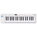 White MIDI keyboard controller with 37 keys and various buttons, knobs and a small display on top.
