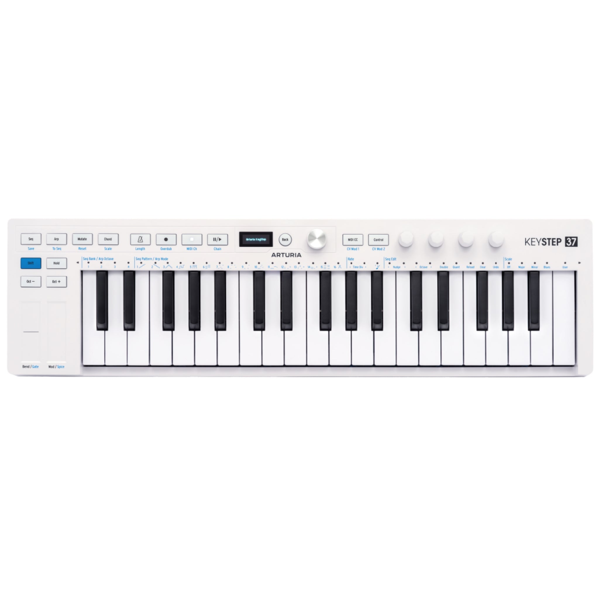 White MIDI keyboard controller with 37 keys and various buttons, knobs and a small display on top.