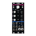 Black eurorack module with multiple knobs, toggle switch, push buttons, and 3.5mm audio jacks labeled for effects and stereo channels.