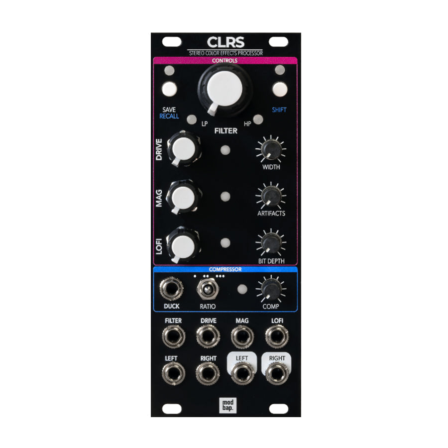 Black eurorack module with multiple knobs, toggle switch, push buttons, and 3.5mm audio jacks labeled for effects and stereo channels.