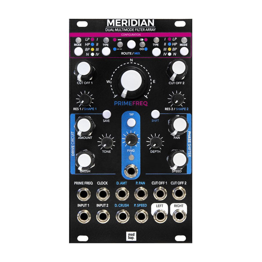 Black Modbap Meridian Eurorack module with knobs, buttons, and multiple 3.5mm jacks on front panel.