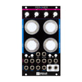Black modular synthesizer module with four large clear knobs, four smaller knobs, multiple buttons, and patch jacks.