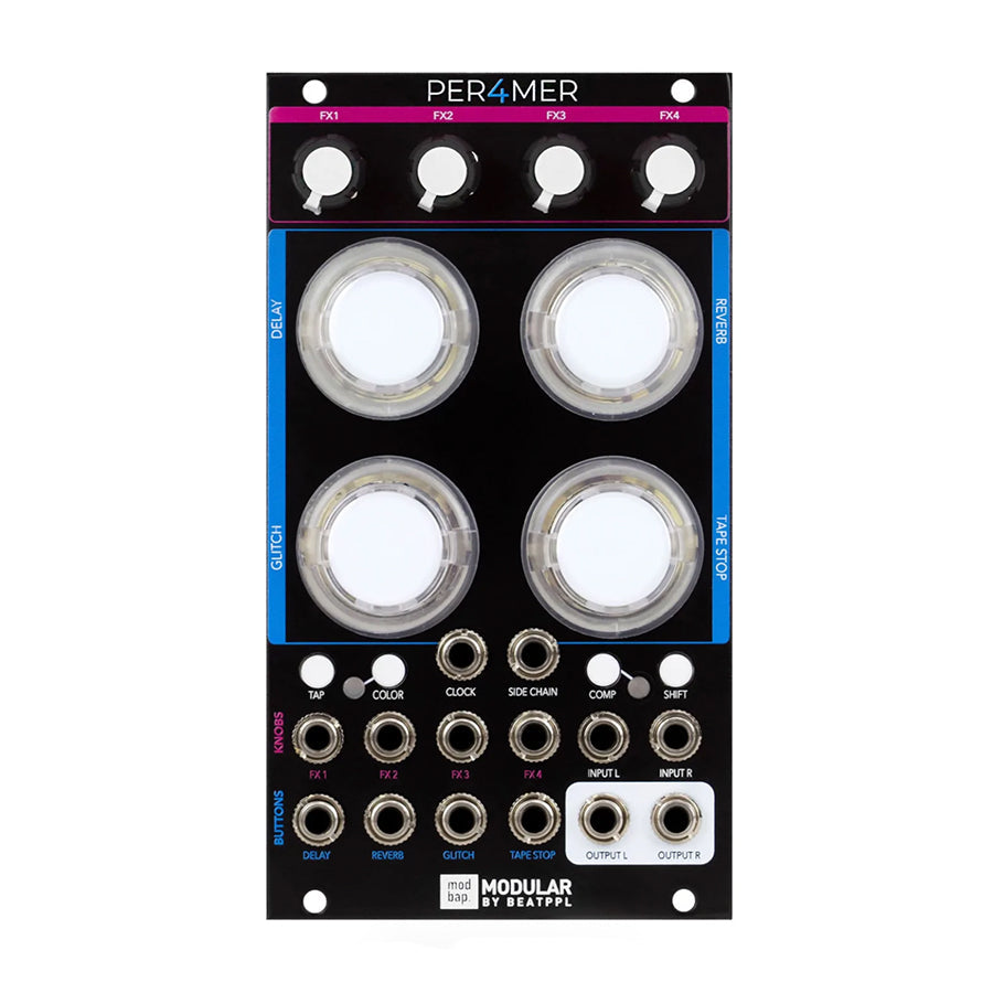 Black modular synthesizer module with four large clear knobs, four smaller knobs, multiple buttons, and patch jacks.