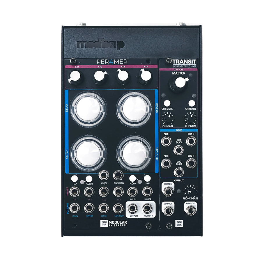 Black Modbap Per4mer Mini-System eurorack module with multiple knobs, buttons, and audio jacks.