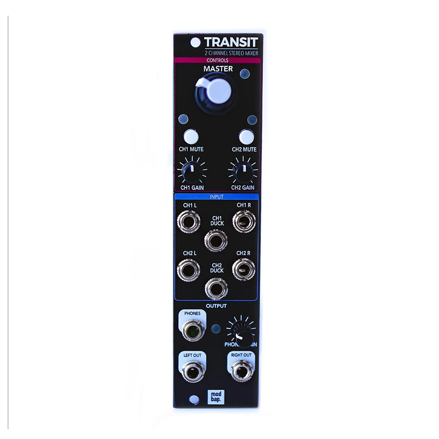 Black Eurorack module with knobs, buttons, and multiple 1/4 inch input and output jacks labeled Transit 2 Channel Stereo Mixer.