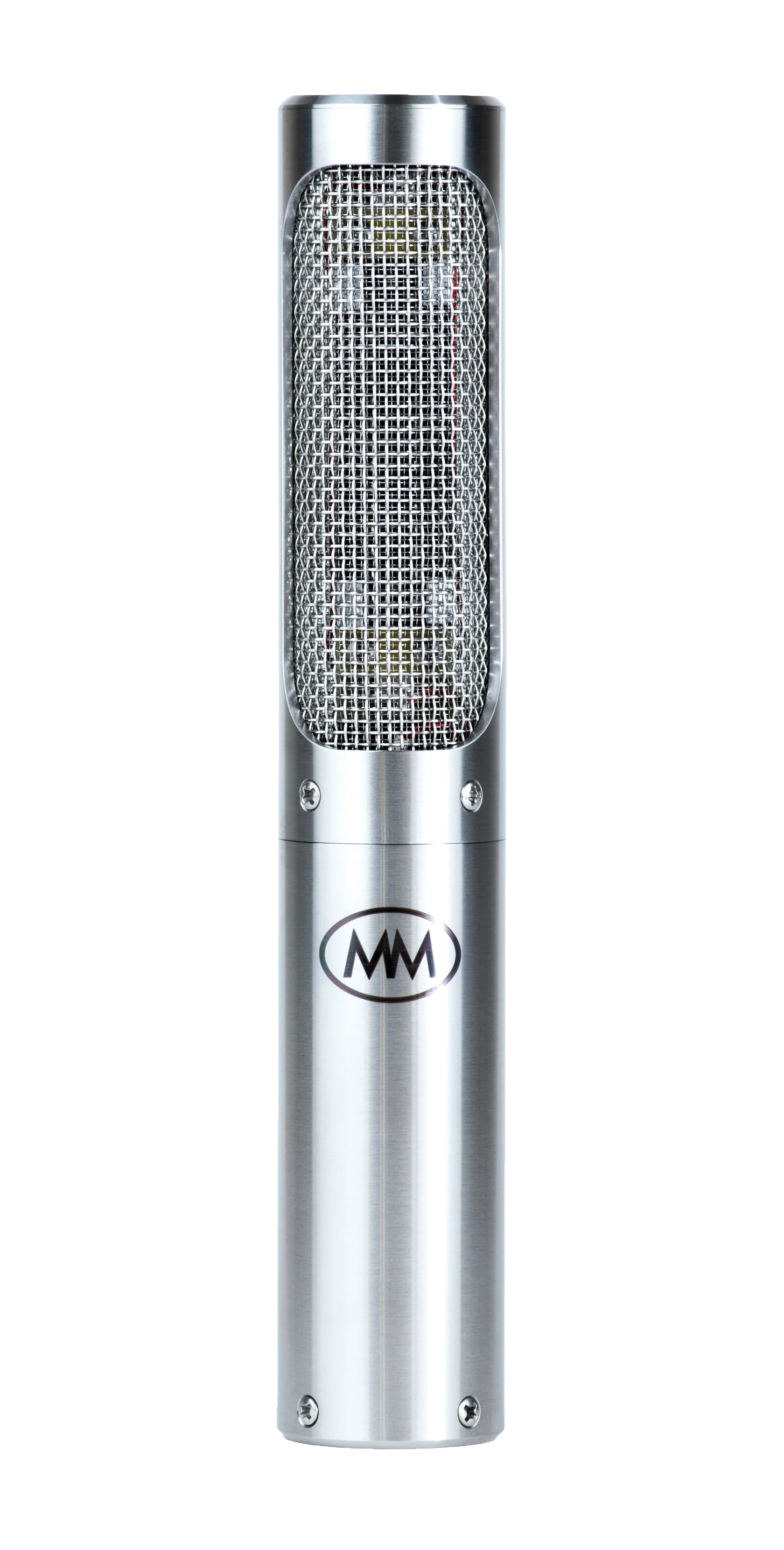 Silver cylindrical microphone with metal wire mesh grille and MM logo on the body.