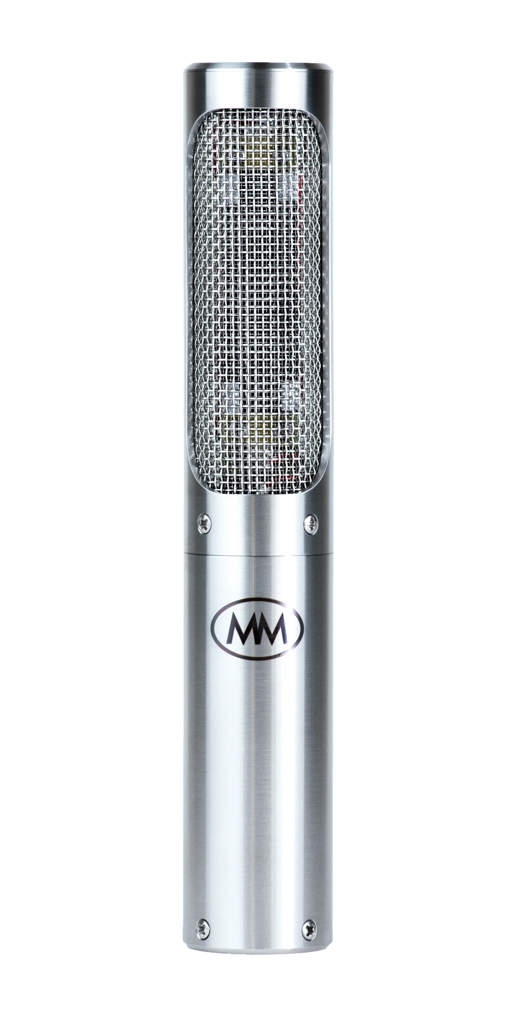 Silver cylindrical microphone with wire mesh grille and MM logo on the body.
