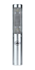 Silver cylindrical microphone with wire mesh grille and MM logo on the body.