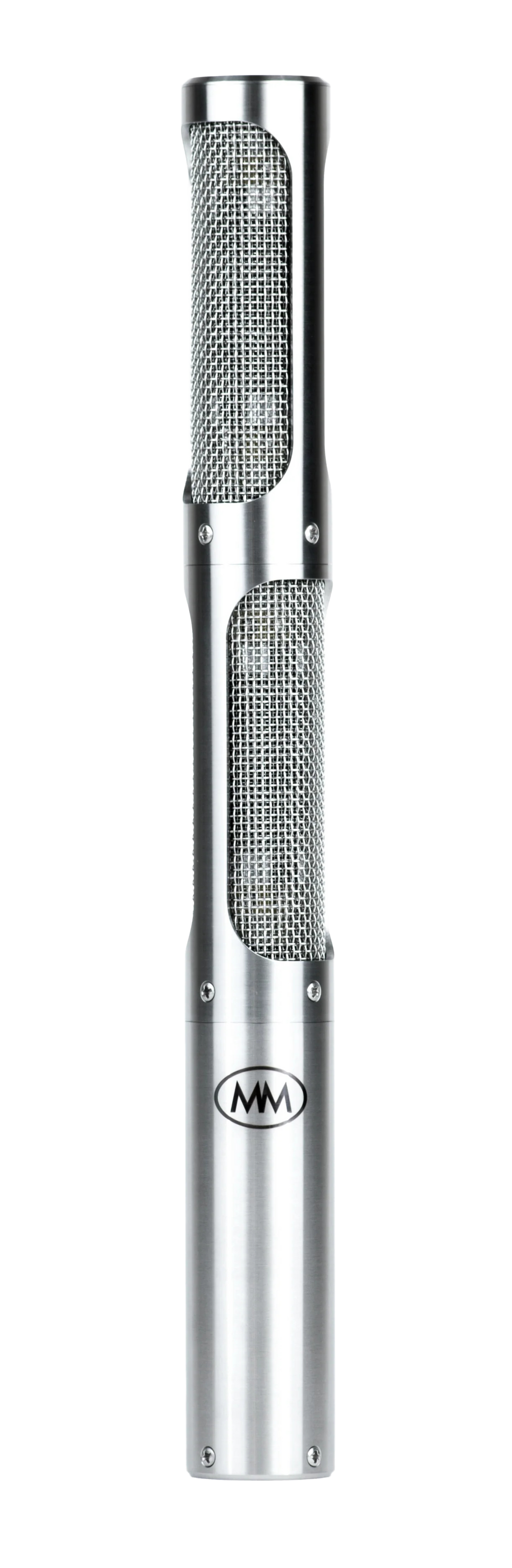 Silver cylindrical microphone with wire mesh sections and an MWM logo on the lower body.