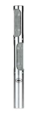 Silver cylindrical microphone with wire mesh sections and an MWM logo on the lower body.