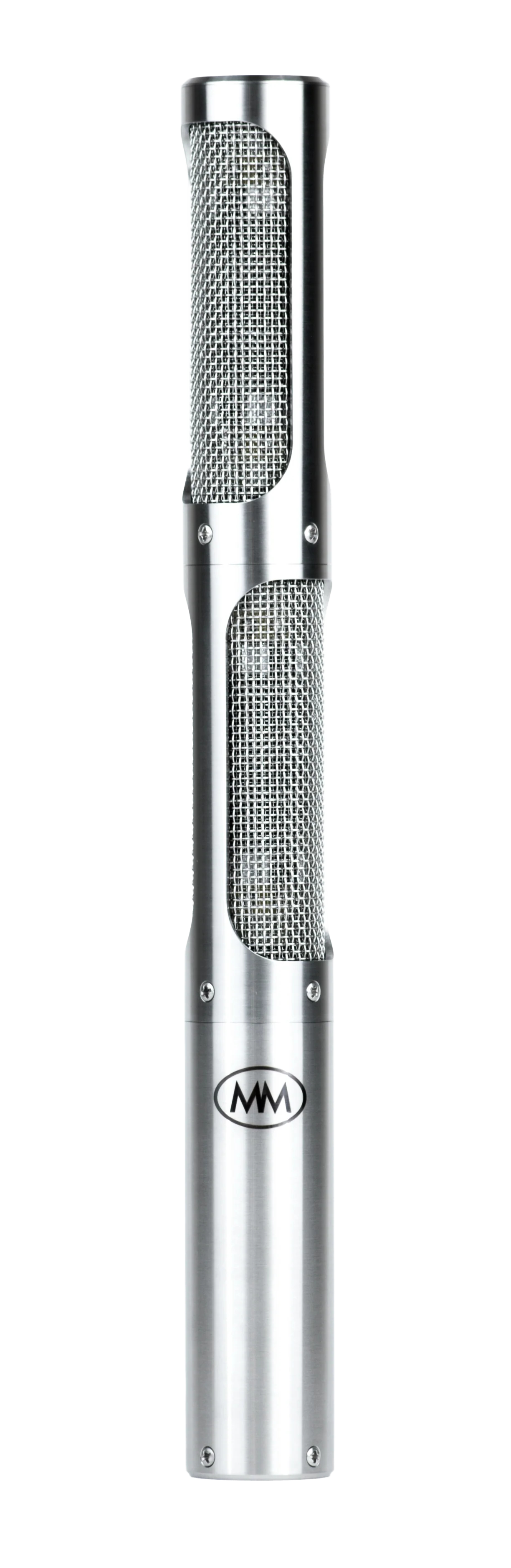 Silver cylindrical microphone with wire mesh sections and an MWM logo on the lower body.