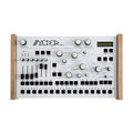 Top view of a Modor DR-2 drum machine with wooden sides, multiple knobs, sliders, buttons, and a small screen.