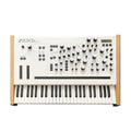 White keyboard synthesizer with wooden side panels and multiple knobs, buttons, and a small display on the top panel.