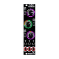 Front view of a black modular synthesizer module with three knobs, six jacks, and toggle switches.