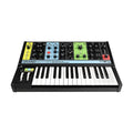 Semi-modular analog synthesizer keyboard with color-coded control panels and multiple knobs and sliders.