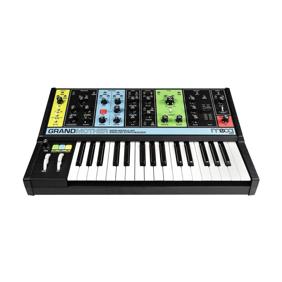 Semi-modular analog synthesizer keyboard with color-coded control panels and multiple knobs and sliders.
