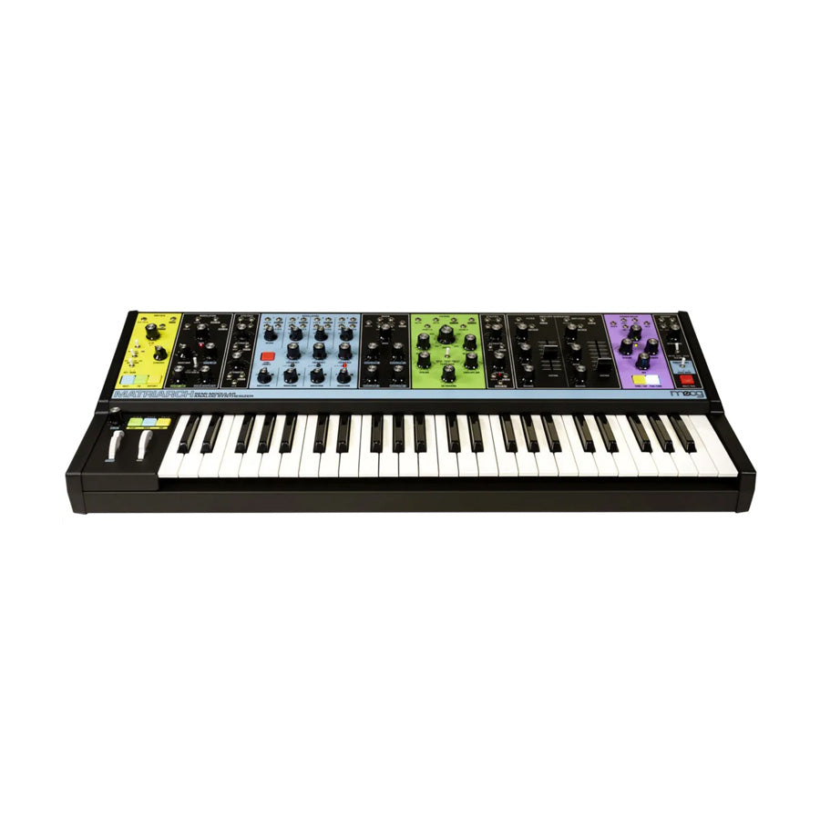 Black keyboard synthesizer with multiple control sections in yellow, blue, green, and purple panels above the keys.