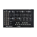 Top view of a black Moog Mavis monophonic analog synthesizer with knobs, buttons, and multiple audio jacks.