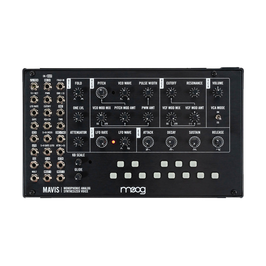 Top view of a black Moog Mavis monophonic analog synthesizer with knobs, buttons, and multiple audio jacks.