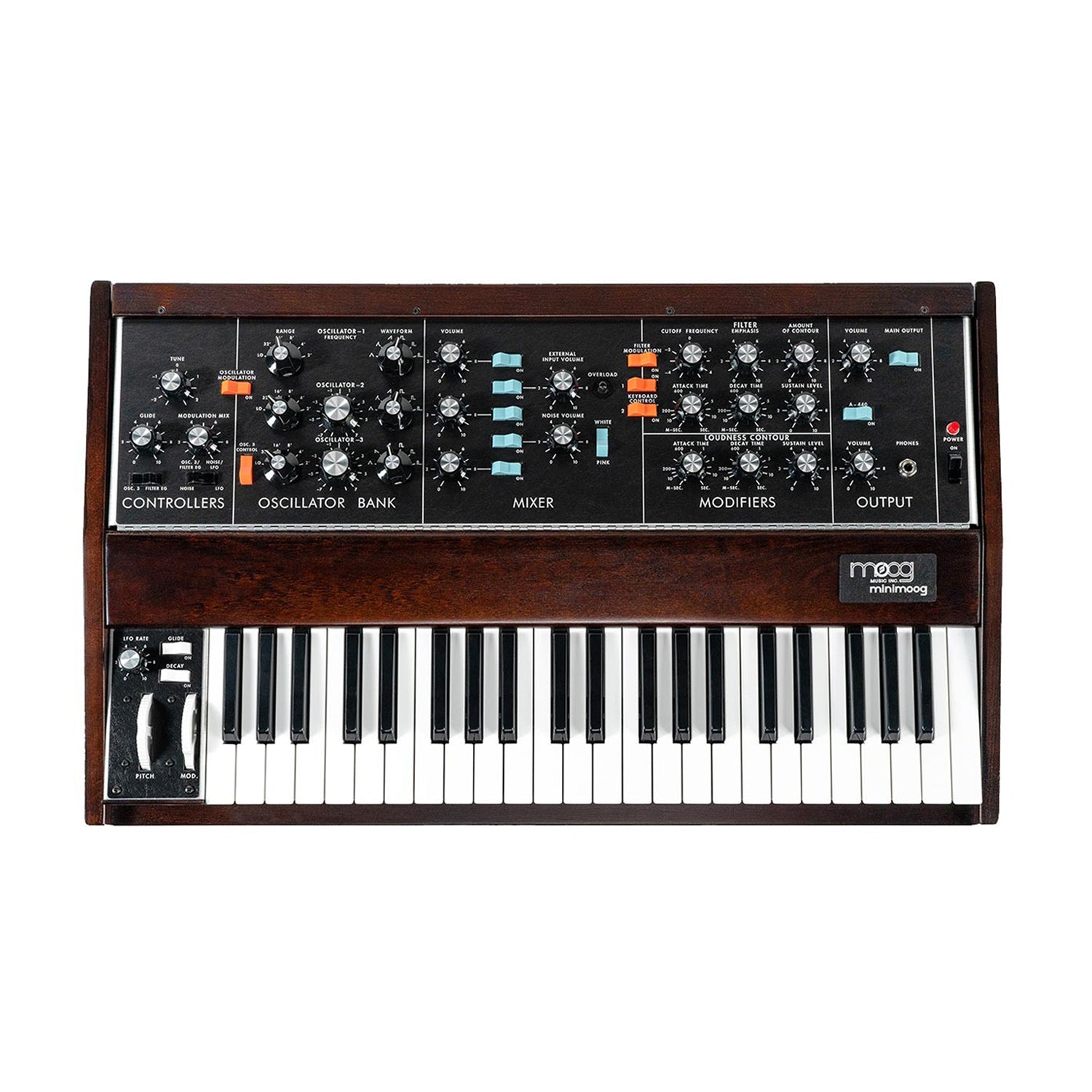 Top-down view of a vintage analog synthesizer keyboard with knobs, switches, and a wooden frame.