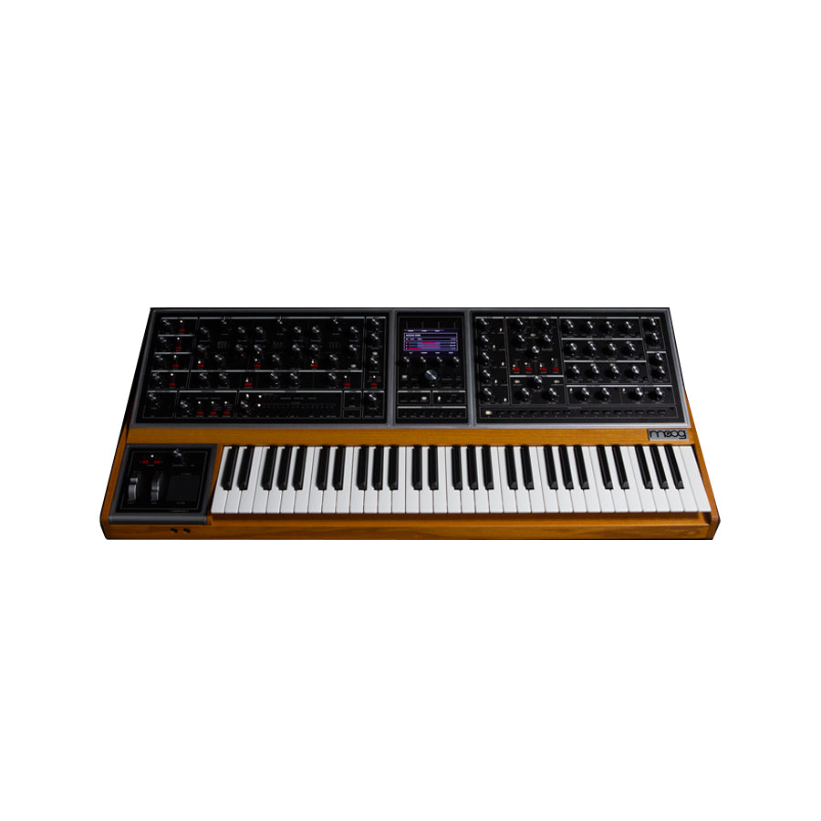 Front view of a keyboard synthesizer with wood sides, knobs, buttons, wheels, and a central color touchscreen.