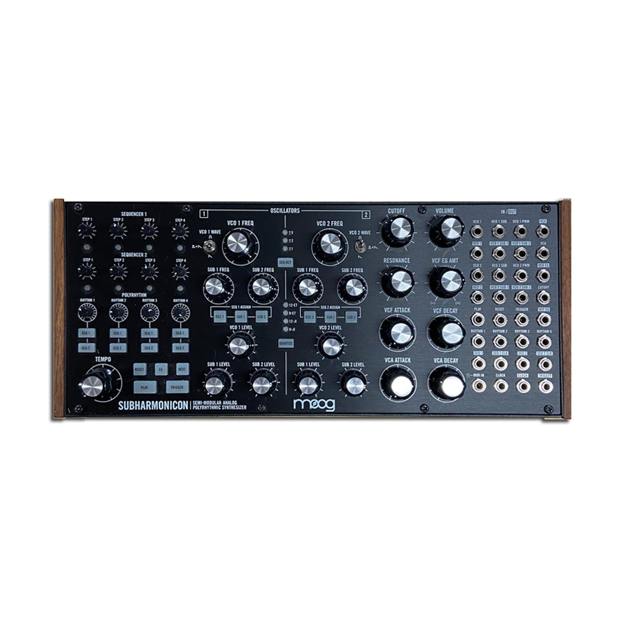 Front view of a Moog Subharmonicon analog semi-modular synthesizer with knobs, switches, buttons, and patch cables jacks.