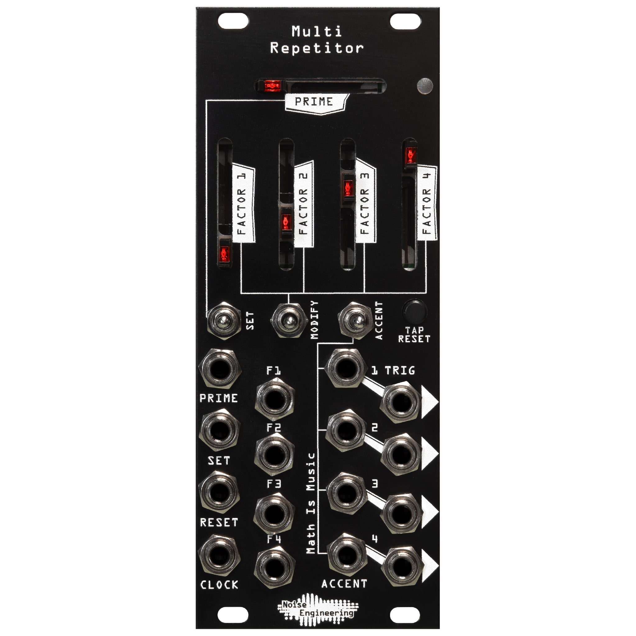 Black modular synth module with sliders, toggle switches, push button, and multiple 3.5mm jacks labeled with factors and trigger names.