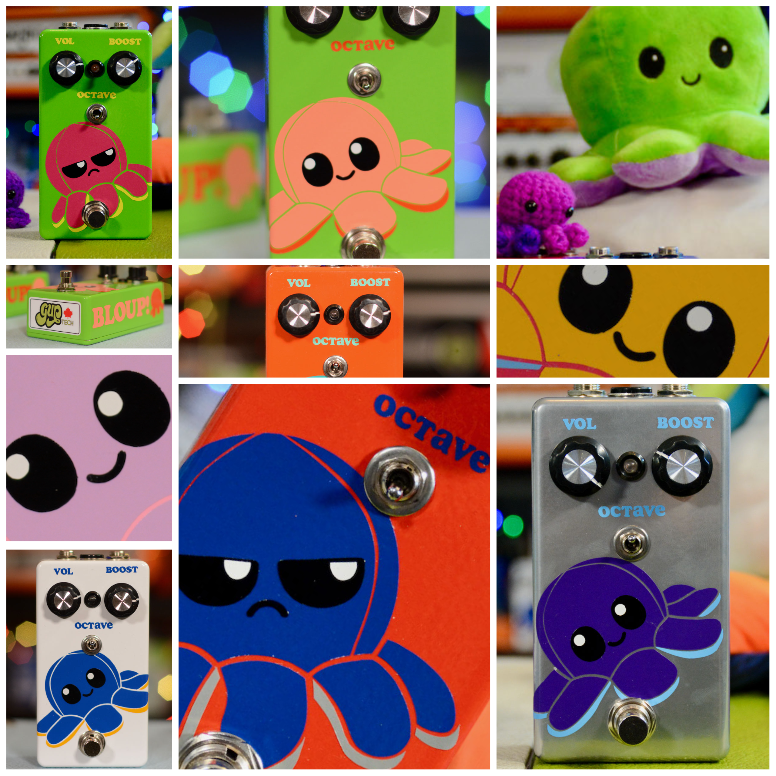 Several guitar fuzz pedals in different colors with cartoon octopus graphics and controls for volume, boost, and octave.