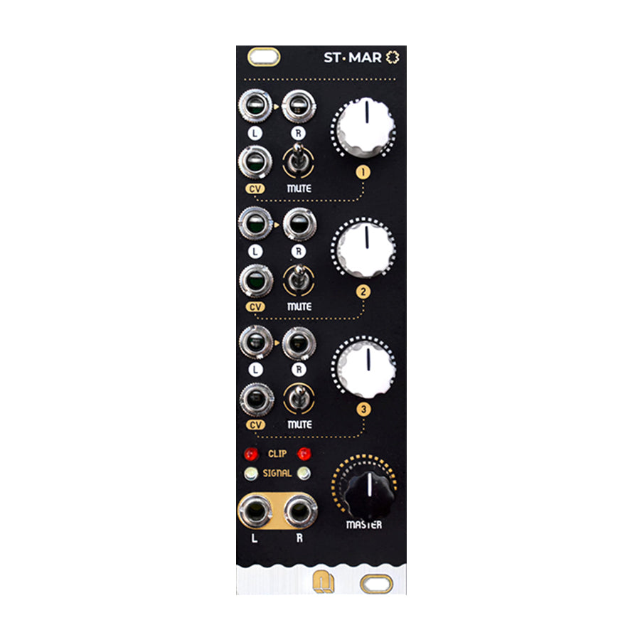 Black eurorack module with knobs, toggle switches, 3.5mm jacks, and status LEDs labeled ST·MAR.