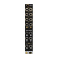 Black eurorack module with multiple audio jacks labeled for stereo out, mute control, and auxiliary CV inputs.