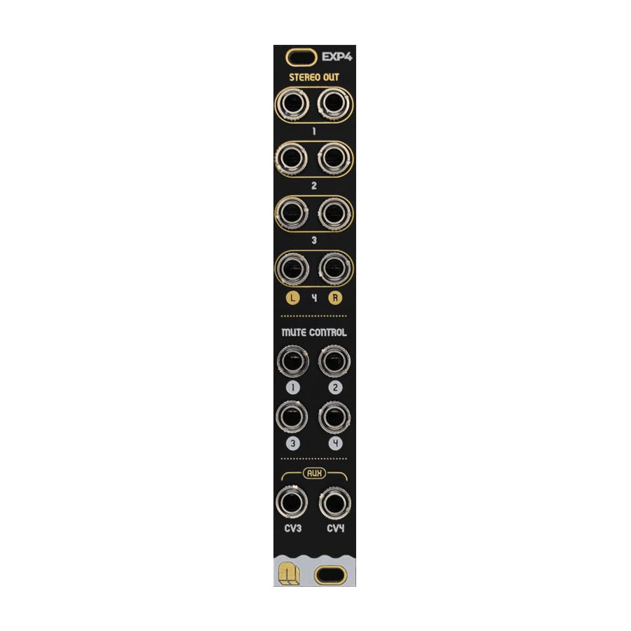 Black eurorack module with multiple audio jacks labeled for stereo out, mute control, and auxiliary CV inputs.