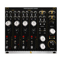 Black modular audio mixer panel with multiple 3.5mm jacks, knobs, faders, and switches labeled for mono, stereo, aux, and master controls.