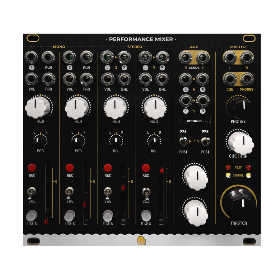 Black modular audio mixer panel with multiple 3.5mm jacks, knobs, faders, and switches labeled for mono, stereo, aux, and master controls.