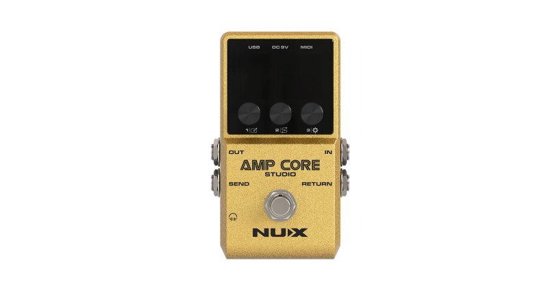 Gold NUX Amp Core Studio multi-effect pedal with three knobs, one footswitch, and multiple input/output jacks.