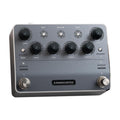 Gray guitar effects pedal with knobs for gain, bass, mid, treble, amount, level, and buttons labeled exit, capture, and save.