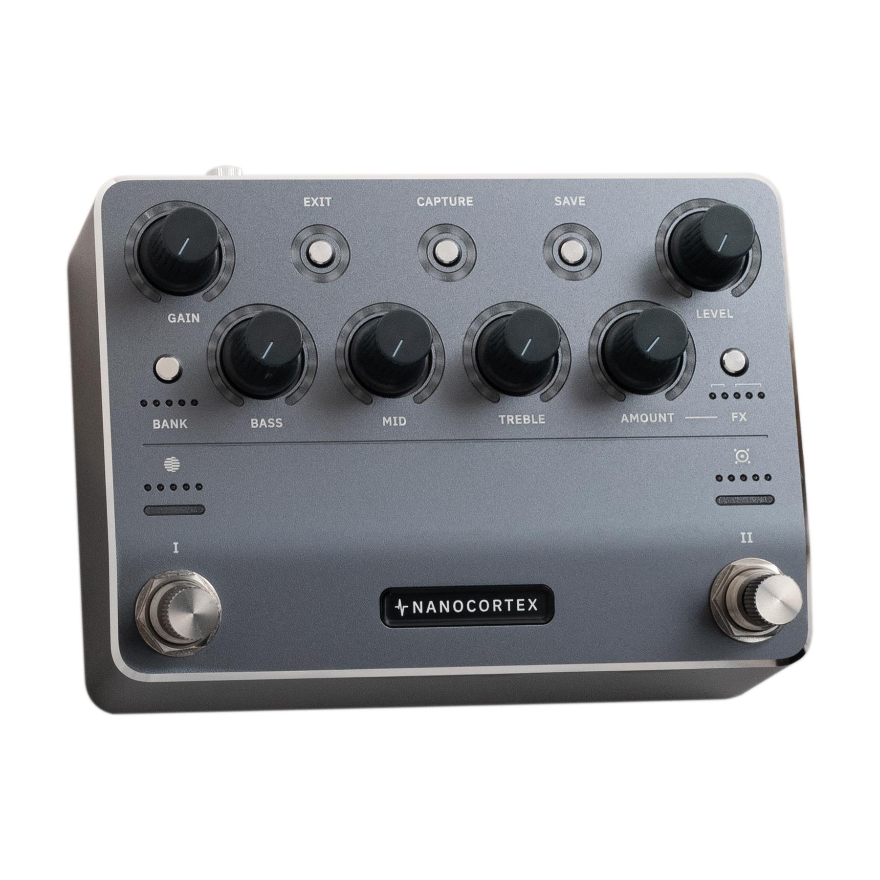 Gray guitar effects pedal with knobs for gain, bass, mid, treble, amount, level, and buttons labeled exit, capture, and save.