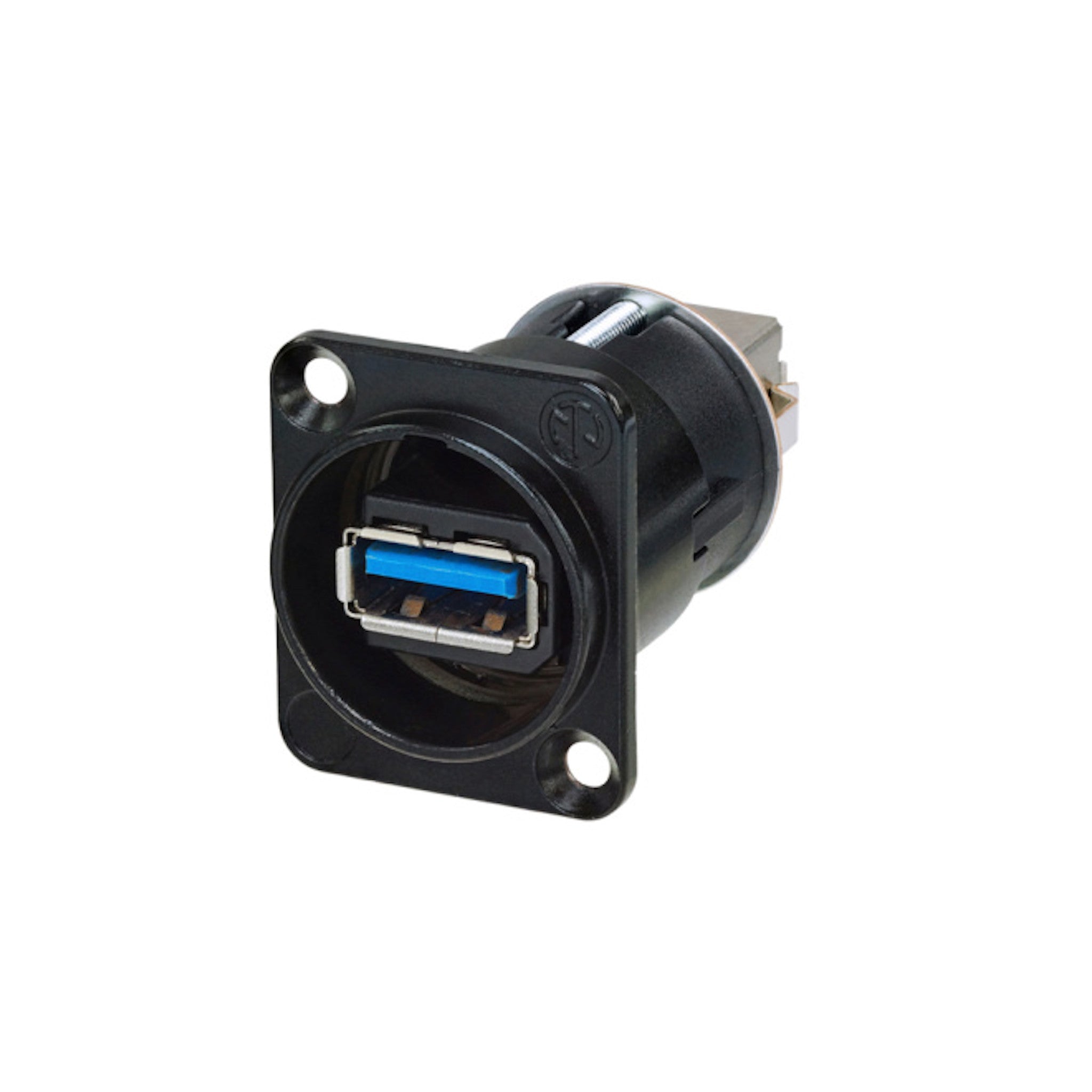 Black USB connector with a blue USB type A female port mounted in a round panel housing with screw holes.