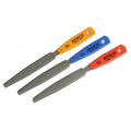 Three metal files with yellow, blue, and red handles labeled Hosco, made in Japan.