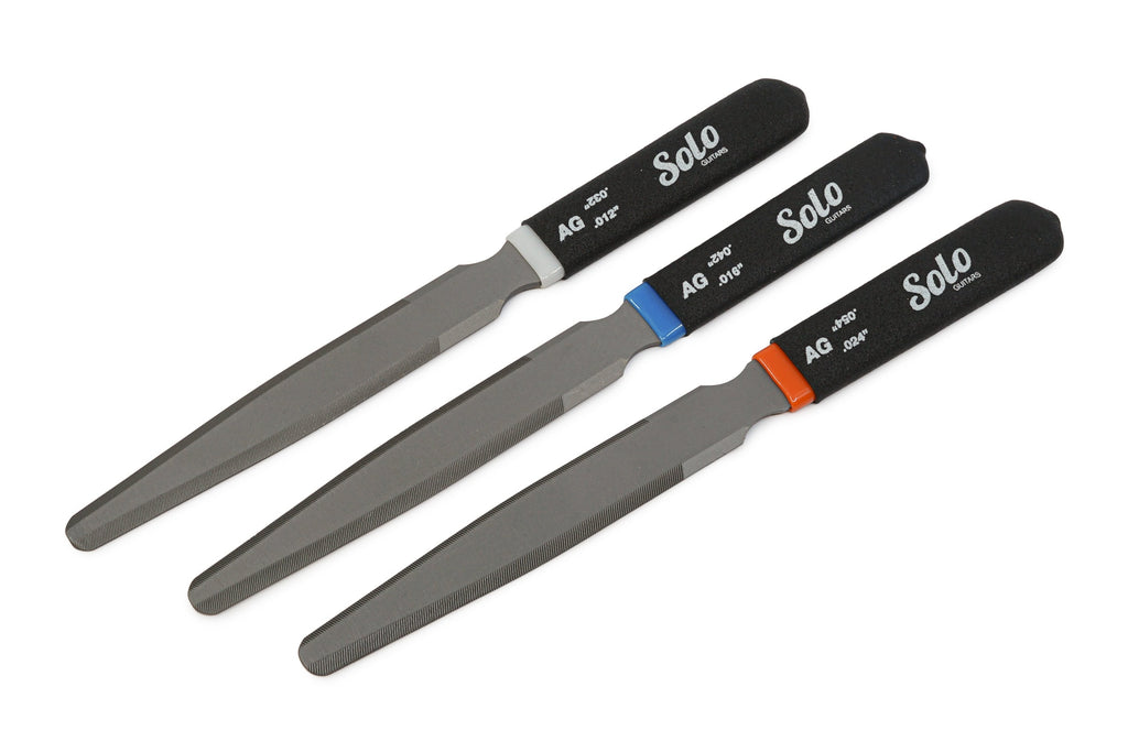 Three metal files with foam handles labeled Solo with different thickness measurements