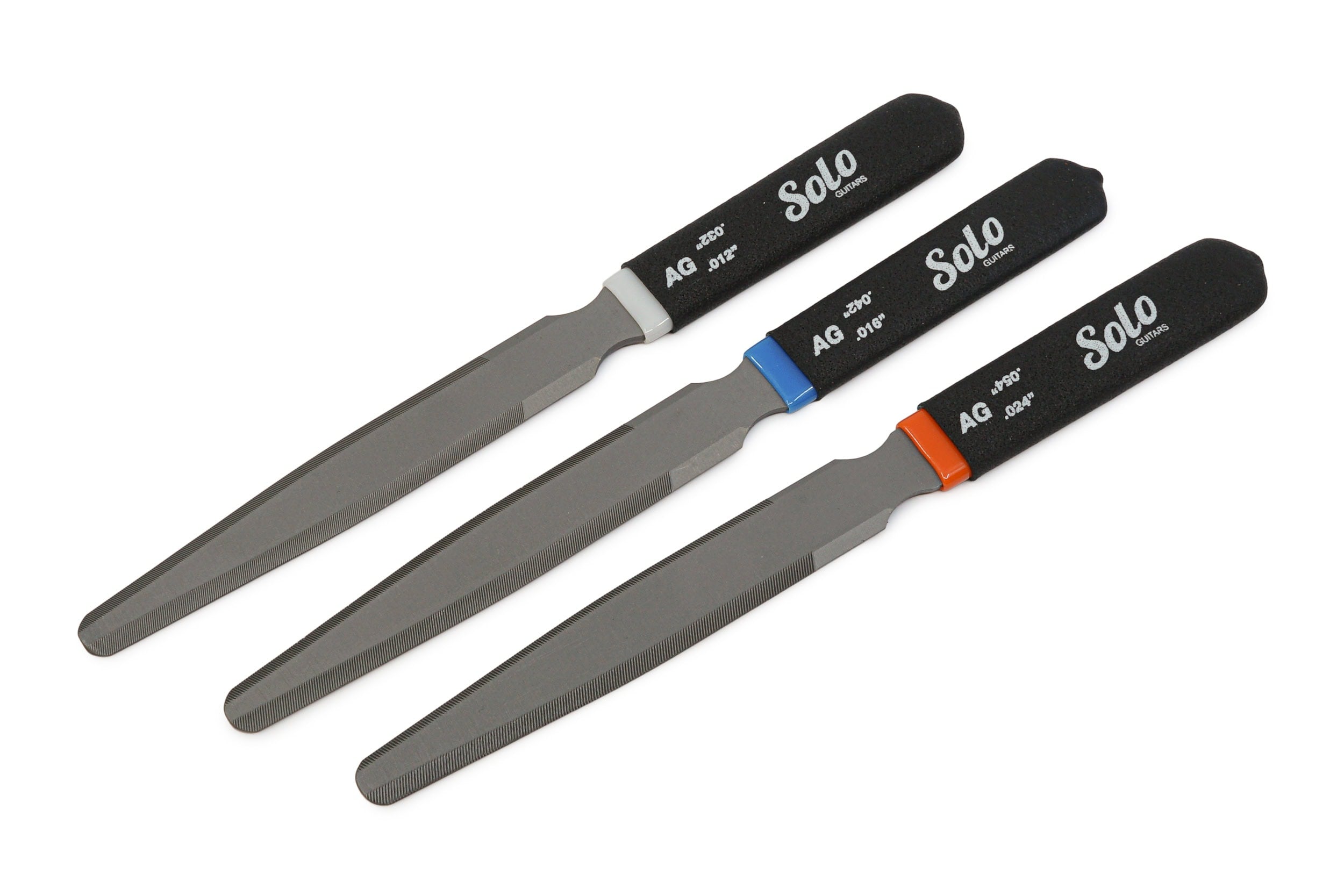Three metal files with foam handles labeled Solo with different thickness measurements