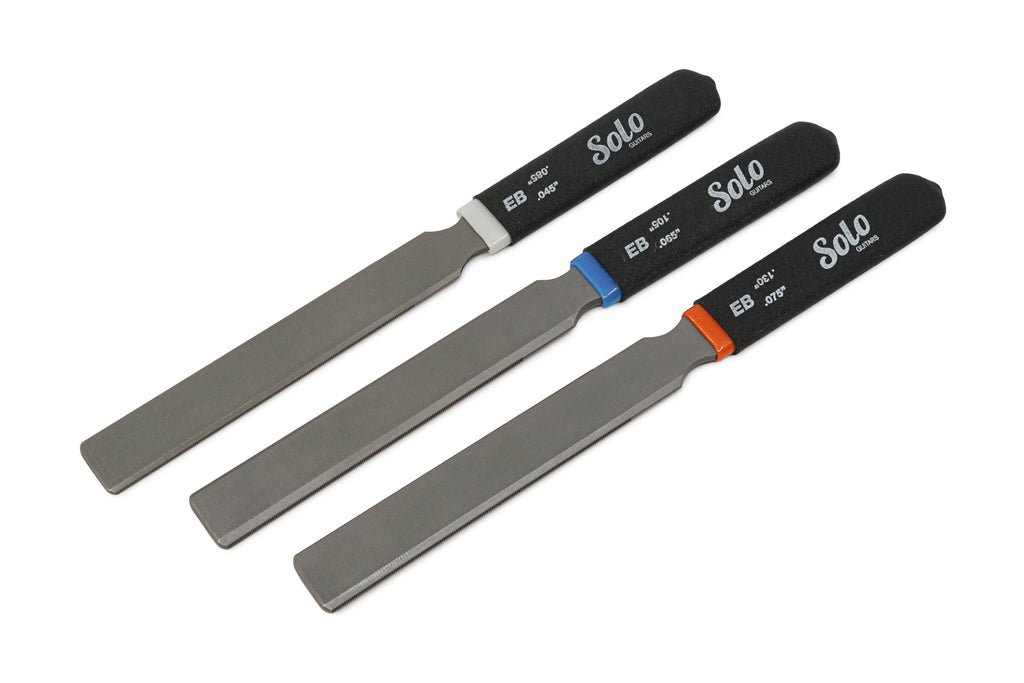 Three metal files with black handles labeled Solo Guitars and varying thicknesses.
