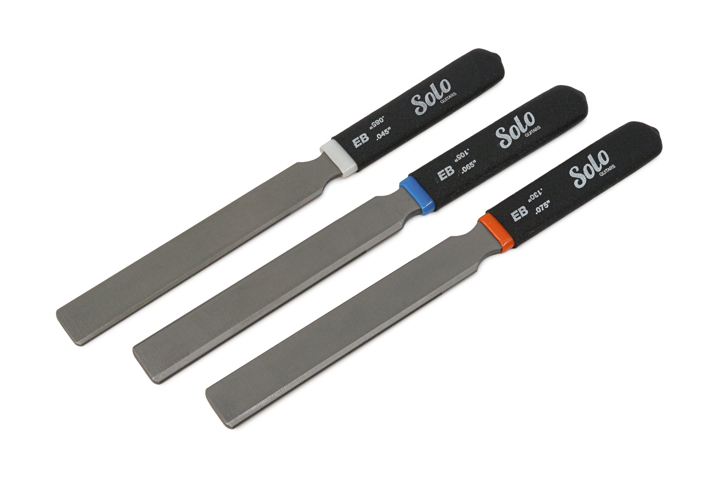 Three metal files with black handles labeled Solo Guitars and varying thicknesses.
