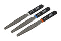 Three metal files with black foam handles labeled Solo and measurements .030, .032, .035 inches