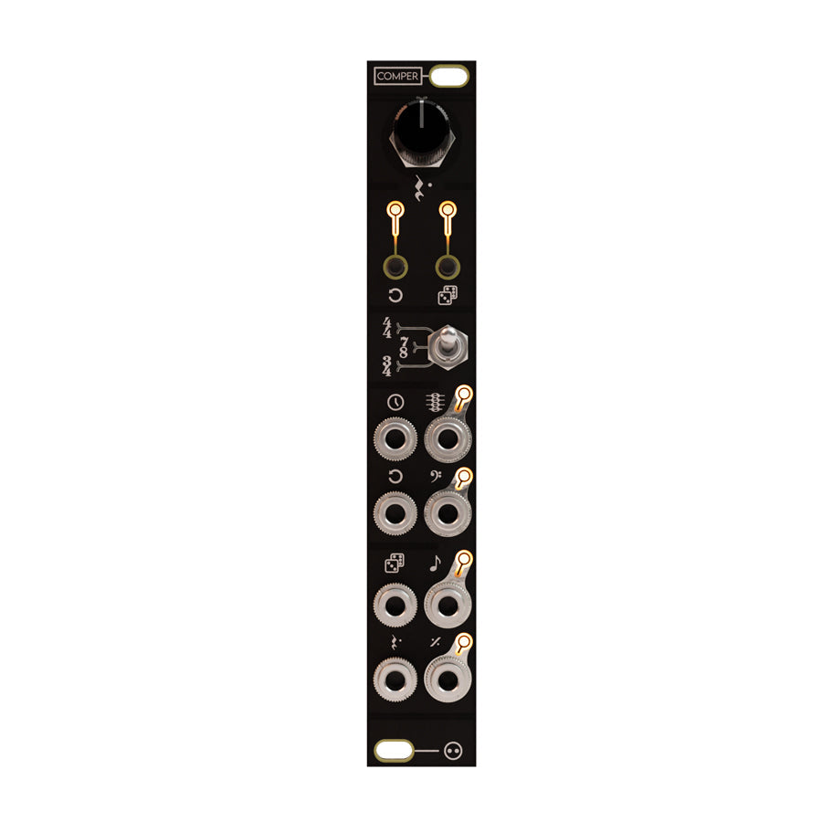 Black vertical audio module panel with multiple 3.5mm jacks, a rotary knob, and a toggle switch.