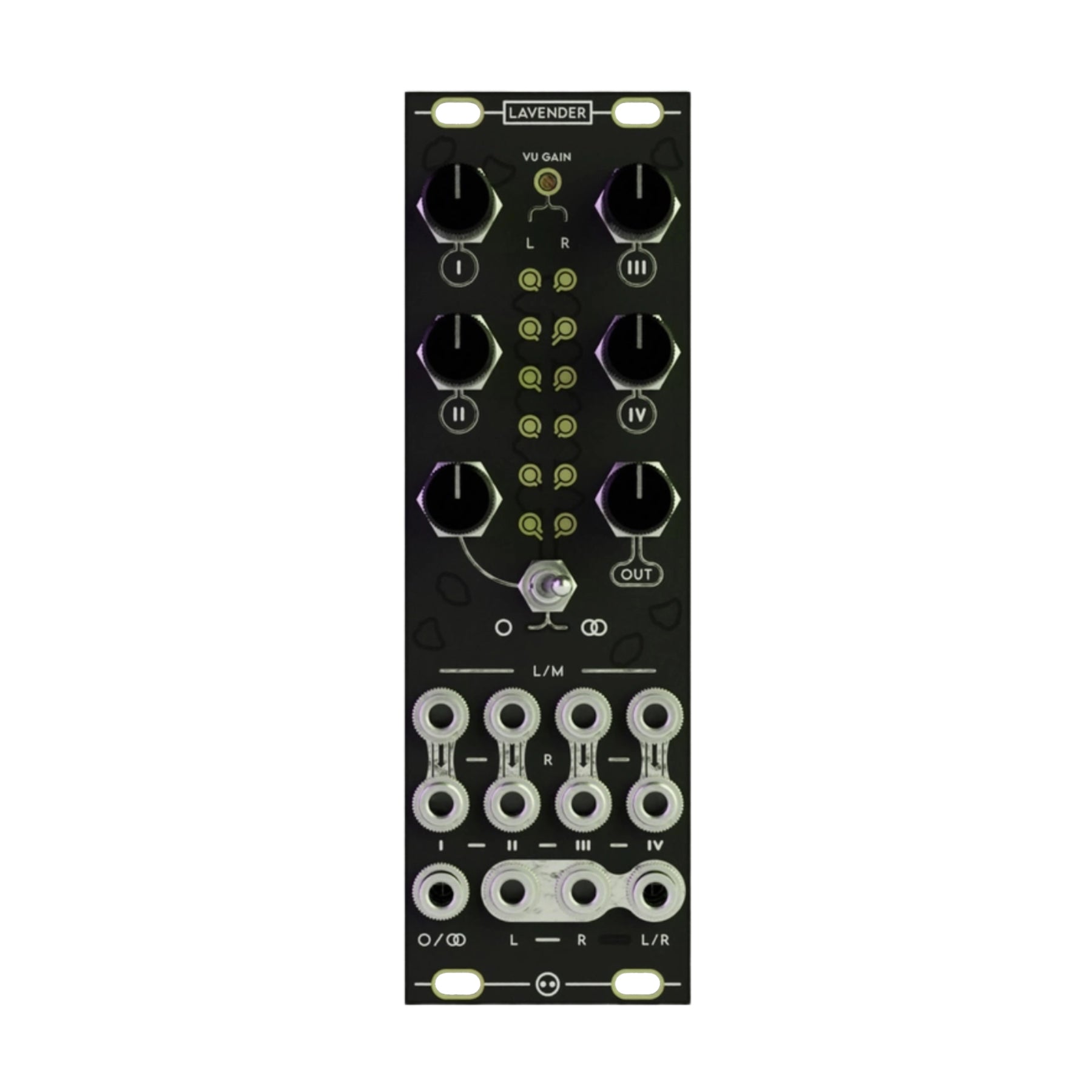 Black modular synthesizer panel with knobs, toggle switch, and multiple 3.5mm jacks labeled Lavender and marked with I-IV and L/R.