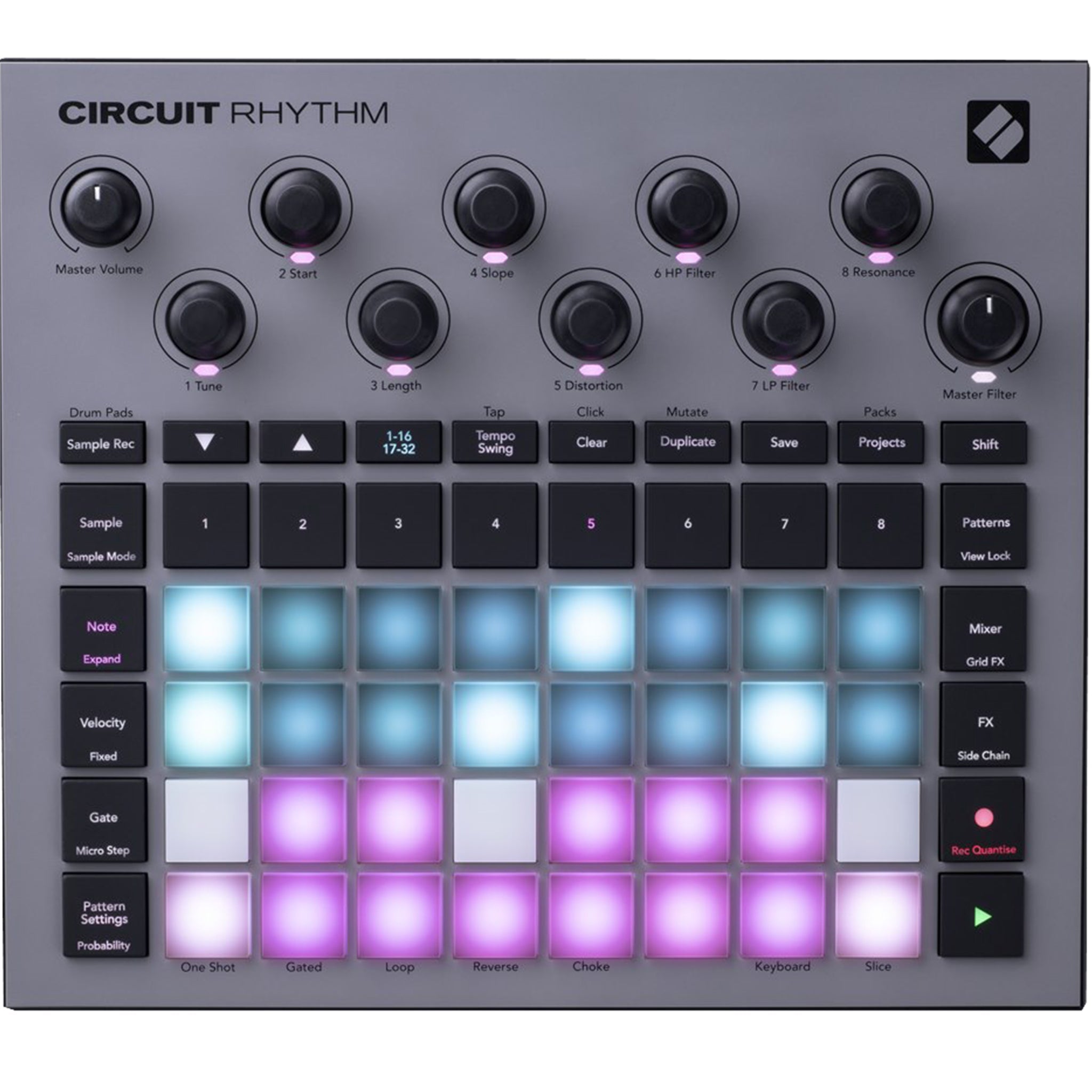 Top view of a gray Novation Circuit Rhythm music production device with knobs, buttons, and illuminated pads.